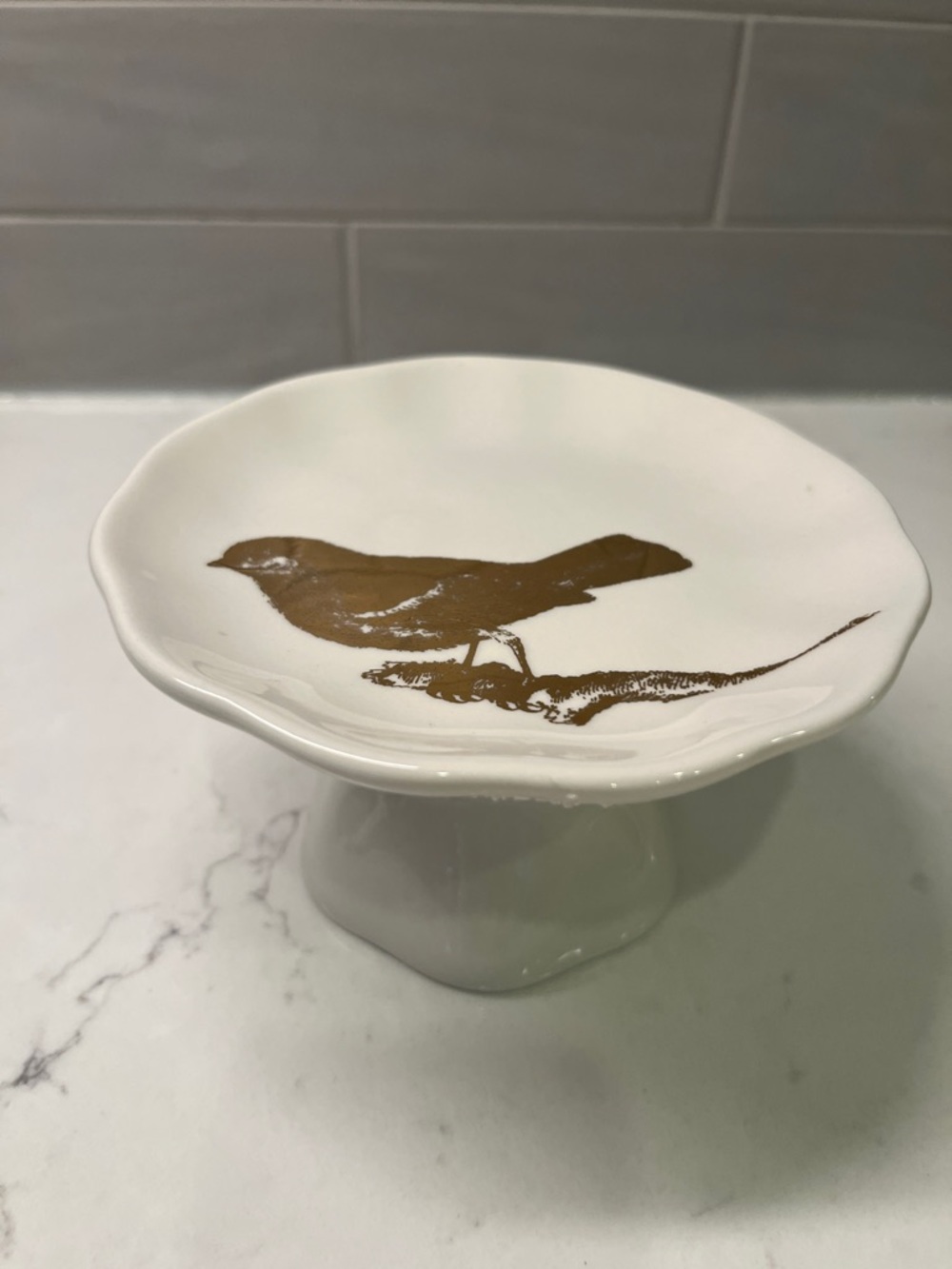 Creative Co-Op 6” Pedestal Cake/Dessert Plate w/ Gold Bird Accent